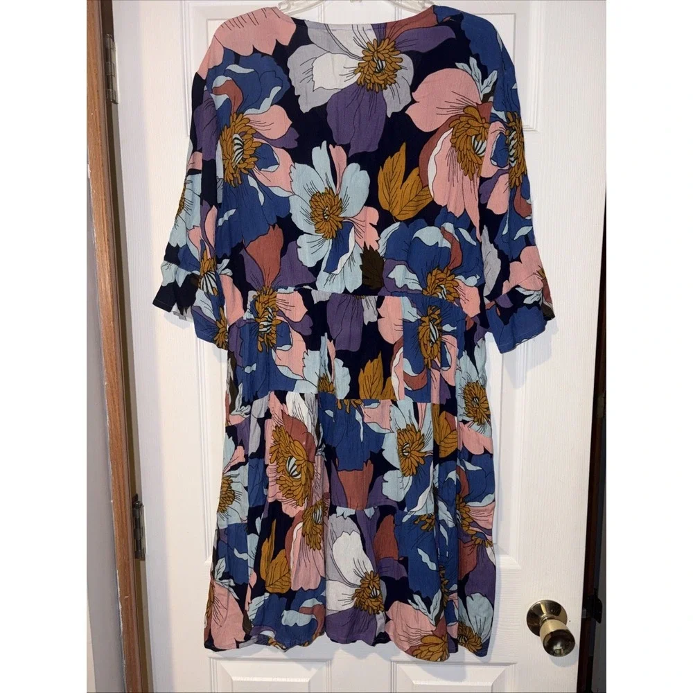 Charlie Paige Womens XL Floral V-Neck Tunic Midi Dress 3/4 Sleeves Tiered Boho